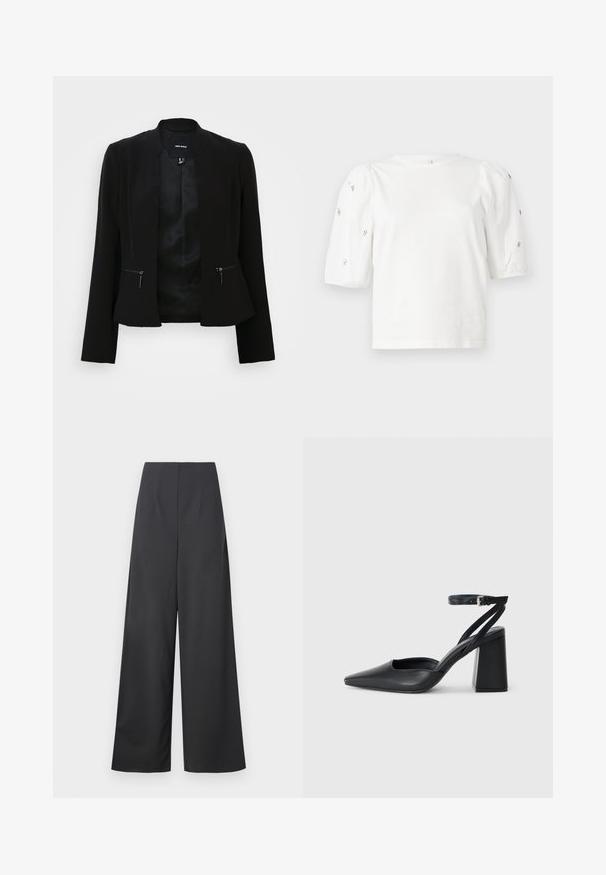 Casaco preto ajustado com mangas longas, gola redonda, bolsos frontais com zíper e um forro interior suave. Apresenta um design ajustado.; T-shirt branca de algodão com mangas puff curtas, apresentando pequenos embellissements prateados ao longo das mangas. Decote redondo clássico, corte descontraído.; Calças de cintura alta e pernas largas em tecido cinza escuro com uma textura suave. Não têm bolsos visíveis nem embellishments.; Sandal com biqueira afilada em couro preto, com cinta no tornozelo e salto grosso. Textura lisa, design elegante e estética minimalista.