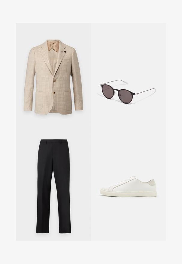 LARDINI GIACCA UOMO - Sako - beige; Černý svetr s dlouhým rukávem a bílým límečkem, dvěma knoflíky, žebrovanými manžetami a lemem, a malým bílým logem na levé hrudi.; Bílý krátký rukáv bavlněné tričko s kulatým výstřihem. Jednoduchý design bez vzorů nebo detailů. Hladká textura.; Černé kalhoty s rovnými nohavicemi vyrobené z hladké látky. Mají standardní pas a žádné viditelné vzory či zdobení.; Bílé kožené tenisky s hladkým povrchem, kulatou špičkou a minimalistickým designem. Disponují béžovými akcenty na patě a gumovou podešví.; Černé kulaté sluneční brýle s tmavými skly a tenkými kovovými nohami. Obsahují průhledné koncovky nožiček a stříbrné akcenty na pantu. Minimalistický design.