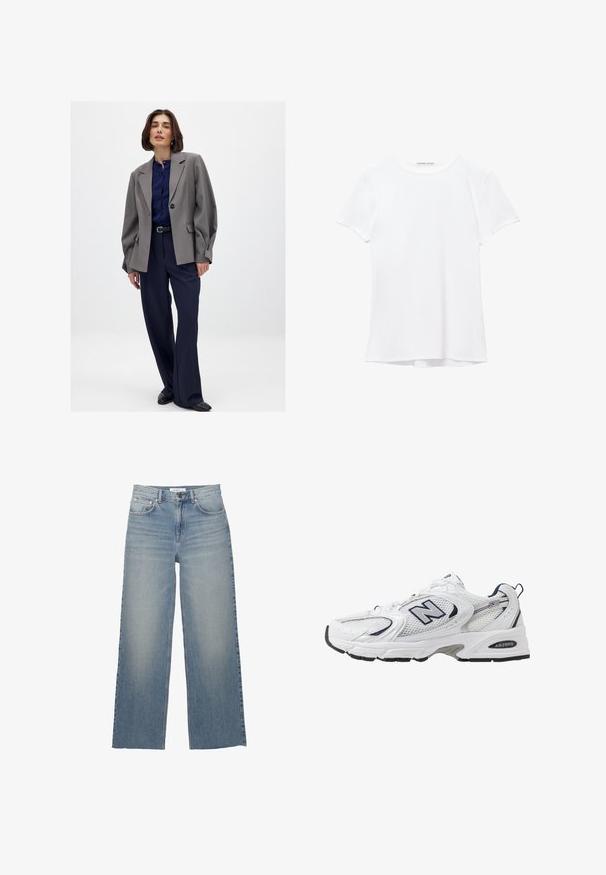 Grijze oversized blazer met gestructureerde schouders, marineblauwe button-up shirt, donkere broek en zwarte ballerina's. Soepele textuur en perfecte pasvorm.; Witte short-sleeve t-shirt van gladde stof, met een ronde halslijn en subtiele stiksels bij de zoom.; Lichtblauwe wijdleg jeans van denim, met een hoge taille, voorzakken en een knoopsluiting. Soepele textuur met vervaagde gebieden.; Witte sport schoen met mesh bovenkant, marineblauwe accenten en een gehoorzaamde zool. Bevat het "N" logo, veters en een gestructureerde detail aan de zijkant.