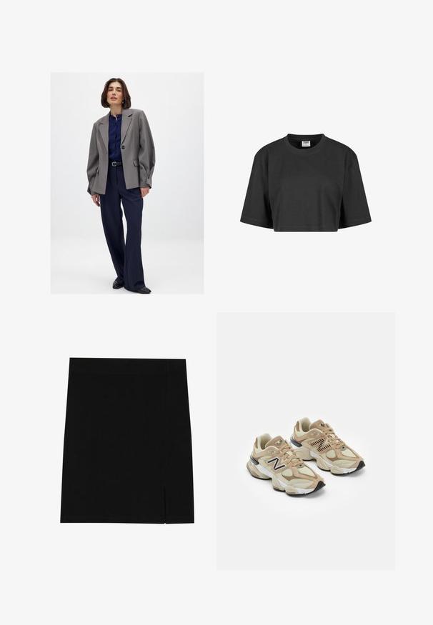 Grå överdimensionerad blazer med strukturerade axlar, mörkblå skjorta med knappar, mörka byxor och svarta flats. Slät textur och skräddarsydd passform.; Avklippt svart t-shirt i bomull, med avslappnad passform, korta ärmar och ribbad rundhals. Inga synliga mönster eller detaljer.; Svart mini kjol i mjukt tyg med en åtsittande design, utrustad med en liten slits på sidan för extra detalj.; Beiga sneakers i mesh och mockamaterial. Har en svart logotyp och texturerade detaljer. Tjock vit mellansula och svart gummisula.