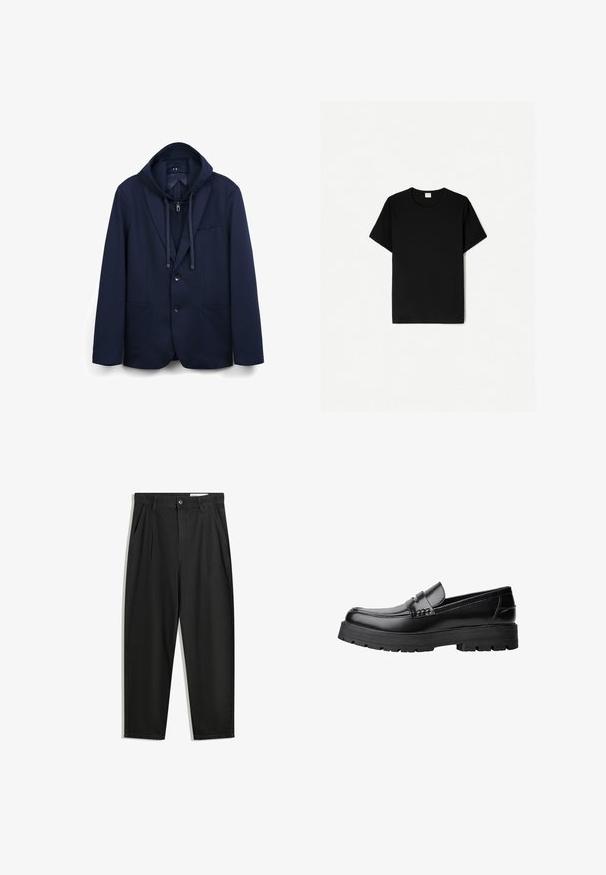 Giacca blu navy con cappuccio, dotata di due tasche frontali, una tasca sul petto e chiusura a bottoni. Il tessuto ha una texture liscia.; T-shirt nera a maniche corte, design a collo rotondo, realizzata in morbido cotone, con una texture liscia e senza pattern o dettagli visibili.; Pantaloni in cotone neri con una vestibilità rilassata, dotati di una vita classica, pieghe frontali e tasche laterali. Tessuto liscio senza fantasie.; Mocassino in pelle nera con suola spessa e tassellata e fascia decorativa sulla parte superiore, mostrato in profilo sinistro su sfondo bianco.