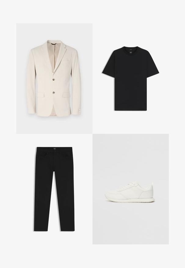 Hellbeige strukturierter Blazer mit einem Ein-Knopf-Verschluss, Reverskragen und zwei vorderen Taschen. Dekorative Nähte und subtile Futterdetails.; Schwarz T-Shirt mit kurzen Ärmeln aus einem glatten Baumwollmix, mit Rundhalsausschnitt und einem minimalistischen Design ohne Muster oder Akzente.; Schwarze Denim-Hosen mit geradem Schnitt, ausgestattet mit einem Standardbund, fünf Taschen und einem Knopfverschluss. Angenehme, glatte Textur.; Weißer Sneaker mit einem Obermaterial aus Mesh und Synthetik, runder Zehenform, flachen Schnürsenkeln und einem strukturierten Seitenstreifen. Gummisohle mit einer Lasche hinten.