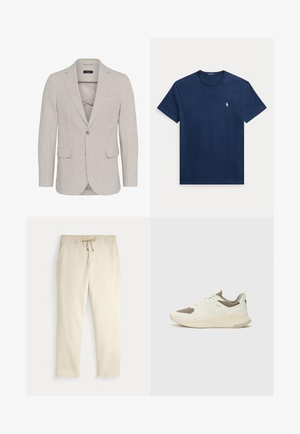 Šviesiai pilkas dryžuotas švarkas su vienu užsegimu, notch tipo atlapais, dviem priekinėmis kišenėmis ir tekstūruota medžiaga. Pasižymi lieknu siluetu.; Tamsiai mėlynas medvilninis marškinėlis su apvalia iškirpte ir trumpomis rankovėmis. Mažas baltas „Polo“ logotipas kairėje krūtinės pusėje. Klasikinio kirpimo ir lygaus paviršiaus.; Oficialiai balti kasdieniniai kelnės su elastiniu juosmeniu ir raišteliu, tiesiomis kojomis ir šoninėmis kišenėmis prieš paprastą foną.; Baltas ir šviesiai bežinis sportinis kedas, su tinklo viršumi, perforuotais detalėmis ir tekstūruotu tarpine su logotipu ant kulno.