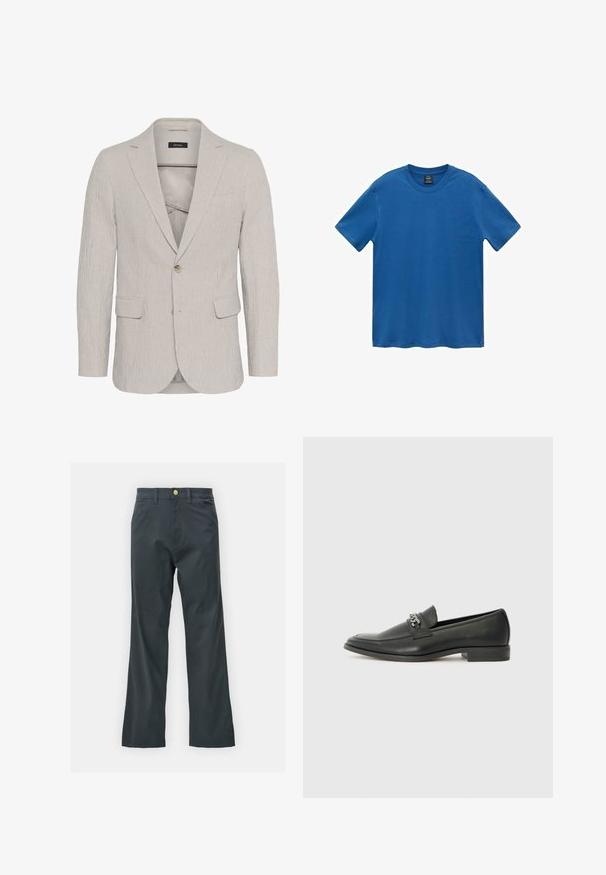 Světle šedý pruhovaný blazer s jedním knoflíkem, klopovými límci, dvěma předními kapsami a texturovanou tkaninou. Má štíhlý střih.; Modré bavlněné tričko, krátké rukávy, kulatý výstřih, jednobarevné, jemná textura, rovný lem, bez vzorů a ozdob.; Černé kalhoty s rovnými nohavicemi, vyrobené z bavlněné směsi. Mají kovové zapínání a boční kapsy. Bez viditelných vzorů.; Černé kožené mokasíny s hladkým povrchem, s prošívaným designem a dekoračním kovovým řetízkem přes nárt. Plochý podpatek.