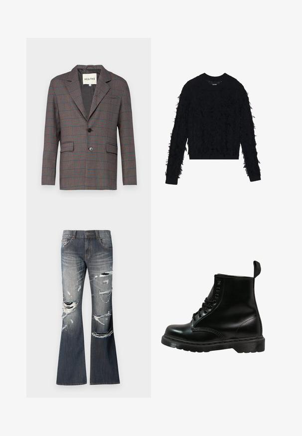 Plaid blazer in gray, red, and blue. Features a single button closure, notch lapels, and two front pockets. Made from tailored fabric.; YOURTURN UNISEX - Jumper - black; Flared jeans in dark blue denim with frayed rips and worn detailing on the front. Features five pockets and a button closure.; Black leather boot with rounded toe, lace-up design, six eyelets, and a textured rubber sole. Includes a pull tab at the back.