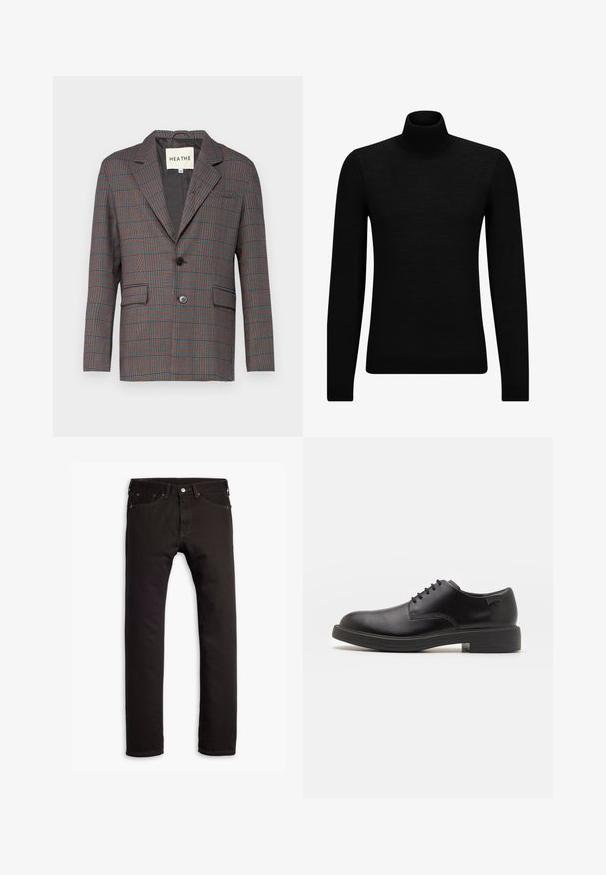 Geruite blazer in grijs, rood en blauw. Voorzien van een enkele knoopsluiting, reverskraag en twee voorzakken. Gemaakt van een op maat gemaakte stof.; Zwarte coltrui van zacht materiaal, met lange mouwen en een snug fit. Geribbelde afwerking aan de onderkant en mouwen. Eenvoudig ontwerp.; Zwarte slim-fit jeans met vijf zakken en knoopsluiting, plat weergegeven op een witte achtergrond.; Zwarte leren veterschoen met een ronde neus, een gladde textuur, minimale stiksels en een lage rubberen hak. Logo op de hak.