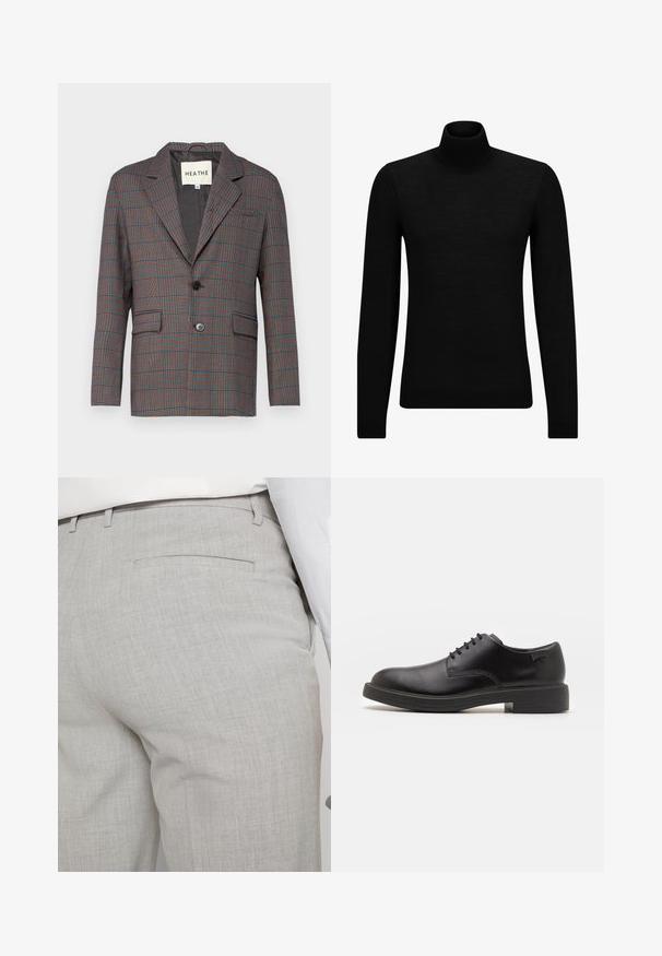 Károvaný blejzer v sivej, červenej a modrej farbe. Obsahuje jedno gombíkové zapínanie, klopové reverzné límce a dve predné vrecká. Vyrobené z upraveného textilu.; Čierny rolák vyrobený z jemného materiálu, s dlhými rukávmi a tesným strihom. Hranatý lem a manžety s ribbed úpravou. Jednoduchý dizajn.; Svetlosivé nohavice na mieru vyrobené zo štruktúrovanej látky, s jedným zadným vreckom a čistým prešívaním.; Čierne kožené šnurovacie topánky s okrúhlou špičkou, hladkým povrchom, minimálnym prešívaním a nízkym gumovým podpätkom. Logo na podpätku.