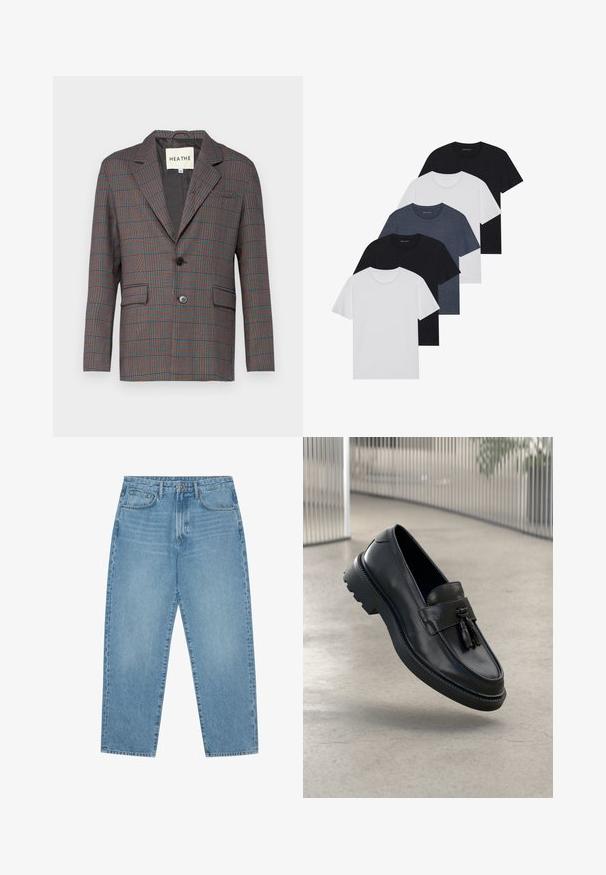 Karirani sako u sivoj, crvenoj i plavoj boji. Ima pojedinačno dugme, rever ovratnik i dva prednja džepa. Izrađen je od prilagođenog materijala.; Set od pet majica u crnoj, bijeloj i tamnoplavoj boji. Pamuk, kratki rukavi, kružićasti izrez i jednolična tekstura bez uzoraka.; Svijetlo plave traperice ravnog kroja s pet džepova i blago izblijedjelom teksturom. Imaju kopčanje na gumb i patentni zatvarač.; Crne kožne mokasinke s glatkim završetkom, ukrasnom resom, debelim gumenim đonom i ušivenim detaljima. Lagan i elegantan dizajn.