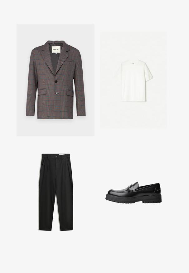 Karirani sako u sivoj, crvenoj i plavoj boji. Ima pojedinačno dugme, rever ovratnik i dva prednja džepa. Izrađen je od prilagođenog materijala.; Bijela majica kratkih rukava napravljena od mekog pamuka. Dizajn s okruglim izrezom i opuštenim krojem bez vidljivih logotipa ili uzoraka.; Crne pamučne hlače s opuštenim krojem, s klasičnim pojasom, prednjim nabranjima i bočnim džepovima. Glatka tekstura bez uzoraka.; Crna kožna mokasina s debelim potplatima i dekorativnom trakom preko gornjeg dijela, prikazana u lijevom bočnom profilu na bijeloj pozadini.