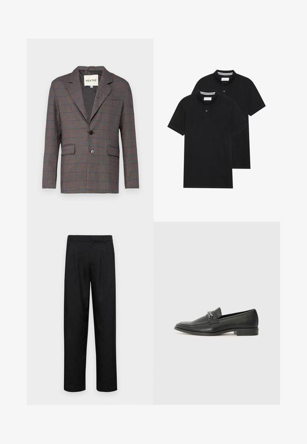 Karierte Blazer in Grau, Rot und Blau. Verfügt über einen einzelnen Knopfverschluss, Reverskragen und zwei frontale Taschen. Hergestellt aus maßgeschneidertem Stoff.; Zwei schwarze Polohemden, kurzärmlig, aus Baumwolle, mit einem klassischen Kragen, zwei Knöpfen und weißen Streifenakzenten im Inneren des Kragens.; Schwarze Hose aus glattem Stoff, mit geradem Bein Design, zwei vorderen Falten und einem Standardbund mit Gürtelschlaufen.; Schwarzer Lederloafer mit glatter Oberfläche, ausgestattet mit einer gesteppten Gestaltung und einem dekorativen Metallkettendetail über dem Vorderblatt. Flacher Absatz.