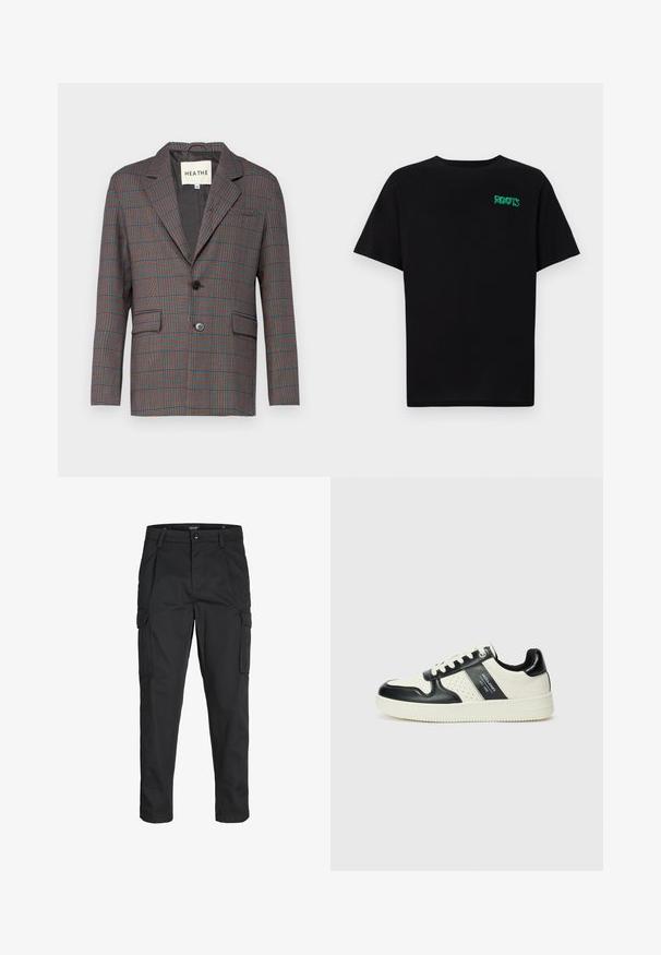 W kratkę marynarka w odcieniach szarości, czerwieni i niebieskiego. Posiada zapięcie na jeden guzik, klapy typu notch oraz dwie przednie kieszenie. Wykonana z dopasowanego materiału.; Czarna koszulka z bawełny z krótkim rękawem. Posiada zielone logo "ROOTS" z przodu, okrągły dekolt i standardowy krój.; Czarne spodnie cargo wykonane z wytrzymałego materiału, z wieloma kieszeniami, zapięciem na guzik oraz zwężanym krojem nogawek.; Skórzane sneakersy w czarno-kremowym schemacie kolorystycznym, z perforowanymi akcentami, wyściełanym kołnierzem i teksturowaną podeszwą.