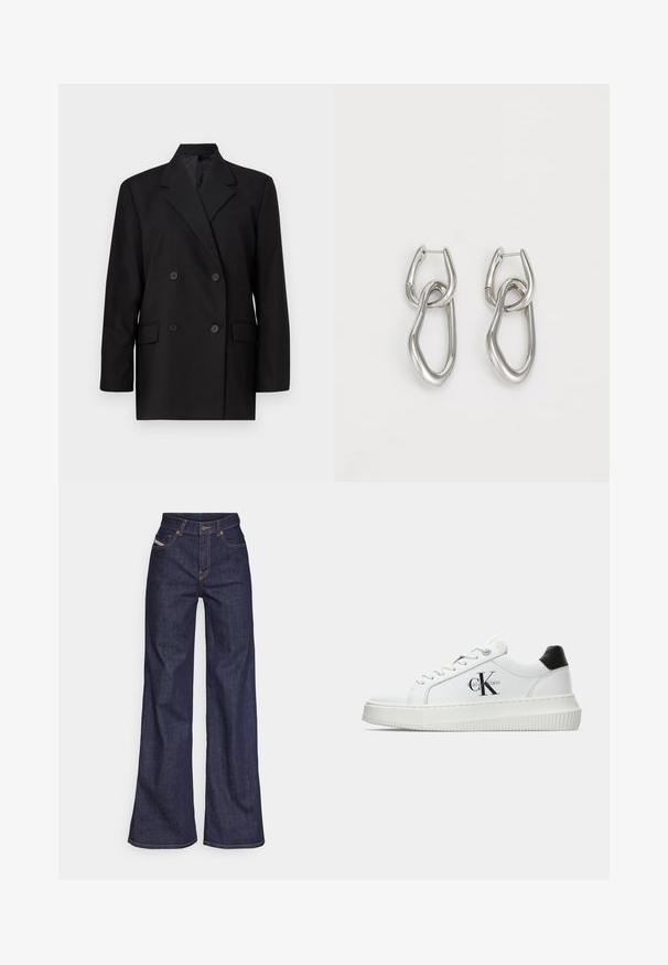 Schwarzer doppelt geknöpfter Blazer mit scharfen Revers, Taschen auf der Vorderseite und Knopfverschluss. Hergestellt aus glattem Stoff mit tailliertem Schnitt.; Weißes Baumwoll-T-Shirt mit einem bedruckten Motiv, das zwei Frauen in urbanen Modestilen zeigt, die mit einem Hund auf einem Zebrastreifen stehen, mit Stadtgebäuden im Hintergrund.; Dunkelblaue weite Jeans aus Denimstoff mit hoher Taille, ausgestattet mit orangefarbenen Nähten, fünf Taschen und einem Knopfverschluss.; Weiße Low-Top-Sneaker mit schwarzem Fersenpatch, Plateau-Sohle, Schnürsenkeln und Calvin Klein "CK"-Logo an der Seite.; Calvin Klein STATEMENT LINKS - Ohrringe - silver-coloured