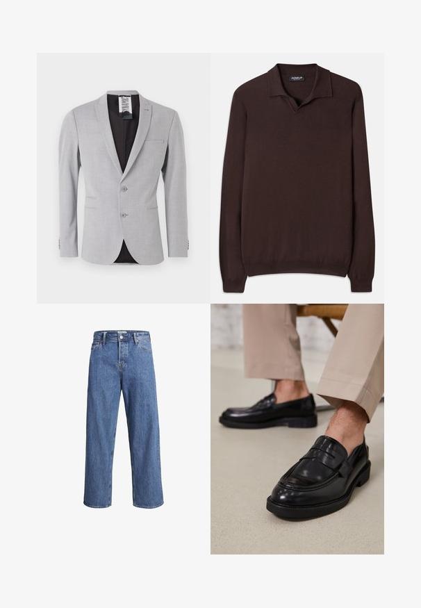 Lys grå blazer laget av strukturert stoff, med en en-knapp design, to knapper og en svart innerside.; Dondup REGULAR FIT SHIRT - Strikkegenser - cioccolato; Lyse blå denimjeans med rett ben, høy midje og minimale sømdetaljer. Stoffet har en myk, lett bleket tekstur.; Svarte skinnloafers med glatt overflate, med en dekorativ stropp og kontrastbroderi, sammen med beige bukser.