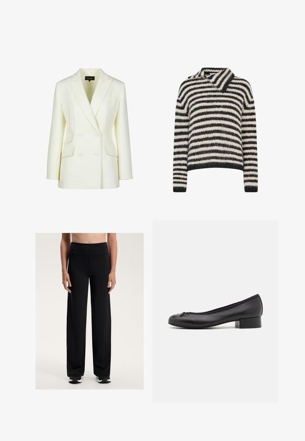 Double-breasted sako v off-white barvě, s klopeným límcem, dvěma předními kapsami a strukturovaným střihem. Vyrobeno z hladké, texturované látky.; Pruhovaný svetr s límečkem. Vyroben z měkké, strukturované tkaniny v tmavě šedých a krémových pruzích. Uvolněný střih s dlouhými rukávy.; Černé volné sportovní kalhoty s vysokým pasem. Vyrobené z hladkého, elastického materiálu, s volným střihem a jemnou texturou.; Černé kožené baleríny s malým obdélníkovým podpatkem, kulatou špičkou, dekorativní mašlí a elastickým lemem na otvoru.