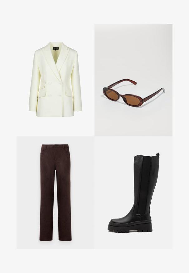 Dvojradový blejzer v off-white farbe, s klopovým golierom, dvoma prednými vreckami a štruktúrovaným strihom. Vyrobený z hladkej, textúrovanej tkaniny.; Biela košeľa na gombíky s dlhými rukávmi, s klasickým golierom, štruktúrovaným strihom a jemnými vertikálnymi švami pre pridaný detail.; Rovné nohavice z tmavo hnedého semišu so zapínaním na prednom gombíku a zips, pútka na opasok a bočné vrecká.; Čierne vysoké čižmy po kolená vyrobené z hladkej kože s elastickými bočnými panelmi, masívnou platformou a zebrovanou textúrou na spodnej strane.; Okrúhle slnečné okuliare s hnedým nádychom a lesklým burgundským rámom. Úzke ramená s jemným brandovaním. Plochej šošovky dizajn.