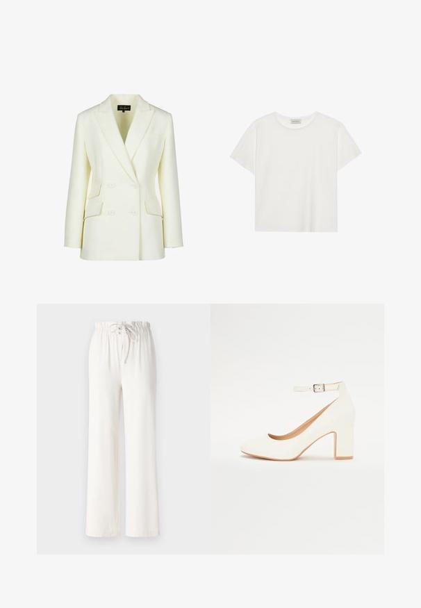 Kaksirivinen bleiseri off-white-värissä, jossa on kauluksessa lovet, kaksi etutaskua ja muotoiltu istuvuus. Valmistettu sileästä, teksturoidusta kankaasta.; Valkoinen lyhythihainen T-paita, joka on valmistettu pehmeästä puuvillasta. Siinä on pyöreä kaula-aukko ja rento istuvuus. Siisti muotoilu ilman näkyviä kuvioita tai yksityiskohtia.; Valkoiset leveät housut pehmeästä kankaasta, joissa on nyörivyö ja sileä pinta. Ei kuvioita tai koristeita näkyvissä.; Valkoiset korkokengät, joissa on terävä kärki, paksu korko ja nilkkastrappi. Sileä viimeistely hienovaraisella kiillolla ja beige sisus.