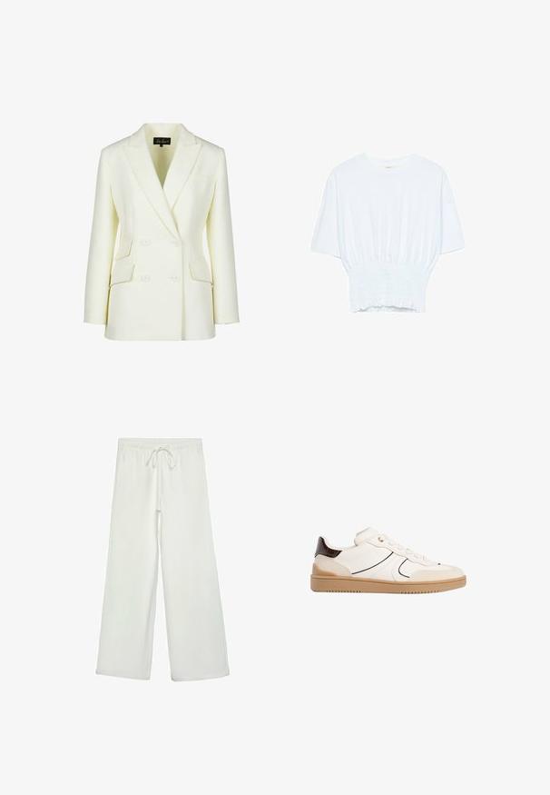 Dvojradový blejzer v off-white farbe, s klopovým golierom, dvoma prednými vreckami a štruktúrovaným strihom. Vyrobený z hladkej, textúrovanej tkaniny.; Biela krátka T-shirt s voľným strihom a zlaceným textúrou v oblasti pása. Vyrobená z mäkkého, ľahkého materiálu.; Biele nohavice s širokými nohavicami vyrobené z mäkkej tkaniny. Majú elastický pás s šnúrkou a hladký povrch. Žiadne viditeľné vzory ani kovania.; Stradivarius Tenisky - white