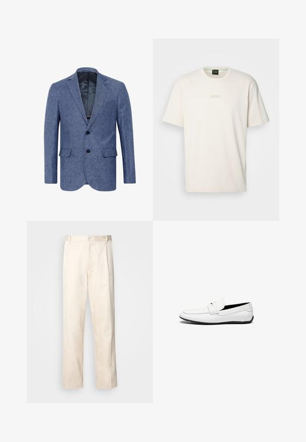 Zila žakete, kas izgatavota no teksturēta auduma, vienrindas ar divām pogām un ar izgrieztiem klājiem; ietver priekšējās kabatas un gludu iekšējo oderi.; BOSS TEE - Pamata T-krekls - open white; Bežā krāsā auduma bikses ar taisnu kāju griezumu, pievienotām pogu aizdares un priekšējiem krokām papildu detaļām.; Baltas ādas loafers ar gludu apdari, ar šuvju akcentu, noapaļotu purngalu un melnu gumijas zoli labai saķerei.