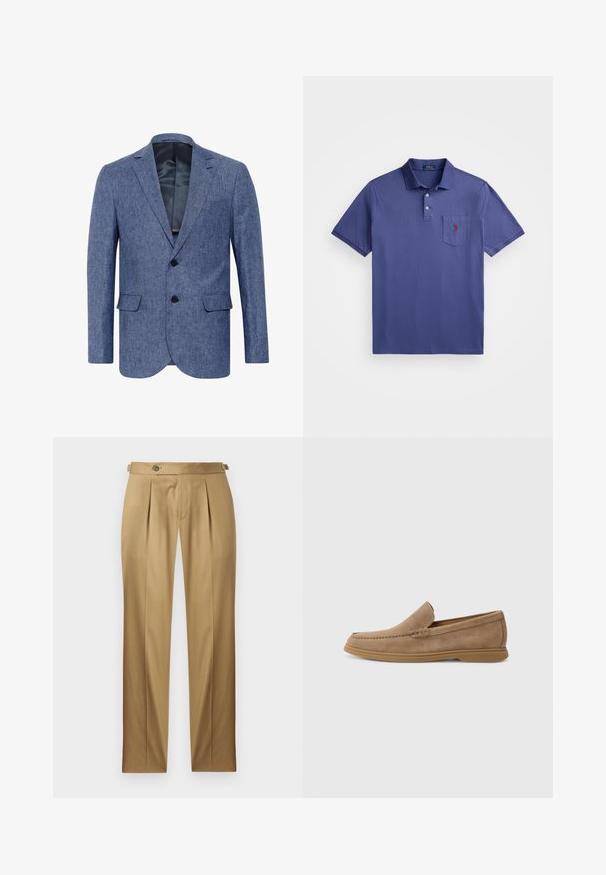 Modra jakna iz teksturirane tkanine, enojno zapenjanje z dvema gumboma in z izrezanimi reverji; ima sprednje žepke in gladko notranjo podlogo.; Vijolična polo majica iz bombaža, s tremi gumbi na zapenjanju, kratkimi rokavi in predsunkom na prsih z rdečo vezenino logotipa.; Bež hlače s pravim krojem, z naborki, zapiranjem na gumb in zankami za pas. Gladek material s čistim, krojenim videzom.; Rjave semiš slip-on loafers z gladko teksturo in šivanim detajlom; vključujejo gumijast podplat za oprijem.