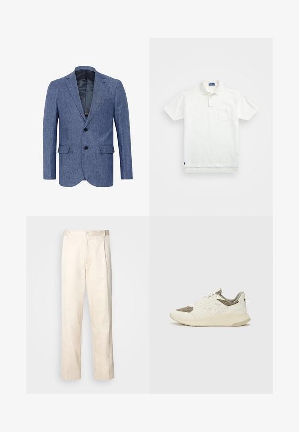 Sinine bleiser tekstureeritud kangast, ühe nööbiga ja vihmavarju kraega; esiküljel on taskud ja siledat sisekatet.; Valge polo särk, mis on valmistatud puuvillast, klassikalise kraega, kolme nööbiga kinnitusega ja vasakul rinnal taskuga; väike logo helmel.; Beesidised puuvillased püksid sirge jala lõikega, mis on varustatud nööpkinnituse ja ees olevate voltidega, et lisada detaili.; Valge ja heledat beeži värvi spordijalats, millel on õhuke võrkmaterjal, perforatsioonidega detailid ning tekstuuriga vahetald, millel on brändi logo kannaosas.