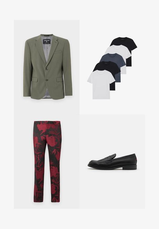Õlivärvi bleiser, mis on valmistatud siledast kangast, ühenupuline, sakiliste kraede ja kahe esise taskuga. Sisekate on hall.; Viie t-särgi komplekt mustas, valges ja tumesinisest. Puuvillane kangas, lühikesed varrukad, ümar kaelaauk ja ühtlane tekstuur ilma mustriteta.; Mustad mustrid mustad, sügava punase lillemustriga, sujuva tekstuuri ja sportliku lõikega. Tüüpiline vöökoht ja sirge säär.; Mustad mustad nahast loaferid siledast viimistlusest, ümmargune nina ja väike dekoratiivne klapp. Omab madalat kokkupandud kontsa ja diskreetset brändingut.