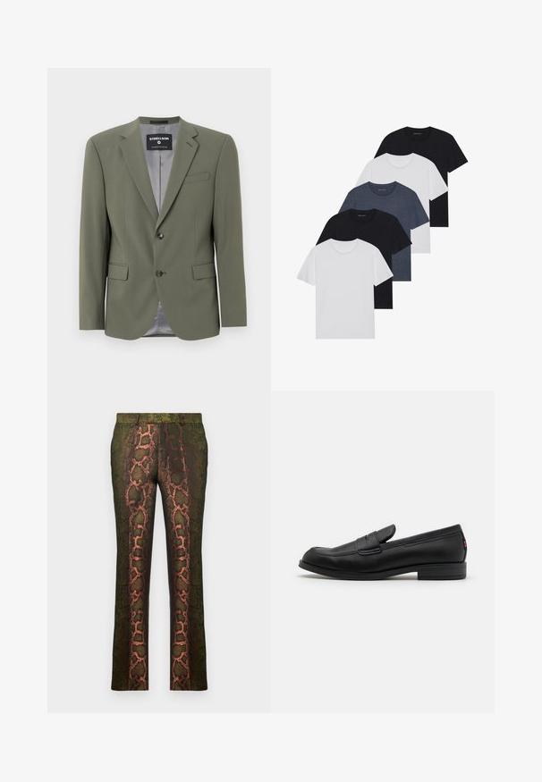 Blazer verde măsliniu dintr-un material neted, având un închidere cu un singur nasture, rever cu decupaj și două buzunare frontale. Două buzunare interioare de culoare gri.; Set de cinci tricouri în negru, alb și albastru închis. Fabricat din bumbac, cu mâneci scurte, design cu gât rotund și textură uniformă, fără modele.; Pantaloni verzi cu un model în carouri, având un design cu imprimeu de șarpe în nuanțe de maro și portocaliu, tăietură dreaptă și o textură netedă.; Mocasini din piele neagră cu un finisaj neted, vârf rotunjit și o mică clapetă decorativă. Au un toc joasă din lemn laminat și un detaliu de branding subtil.
