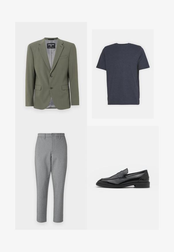 Oliven grøn blazer laget av glatt stoff, med en enkelt knapp lukking, notched revers, og to frontlommer. Innervangen er grå.; Marineblå T-skjorte med rund hals laget av myk bomullsblanding, med korte ermer og vanlig passform. Ingen synlige mønstre eller accenter.; Grå skreddersydde bukser med en subtil tekstur, rette ben og knappelukking foran. Har beltehemper og sidelommer.; Sorte skinnloafers med en glatt overflate, med rund tå og en smal band over vristen. Lavt stablet hæl.