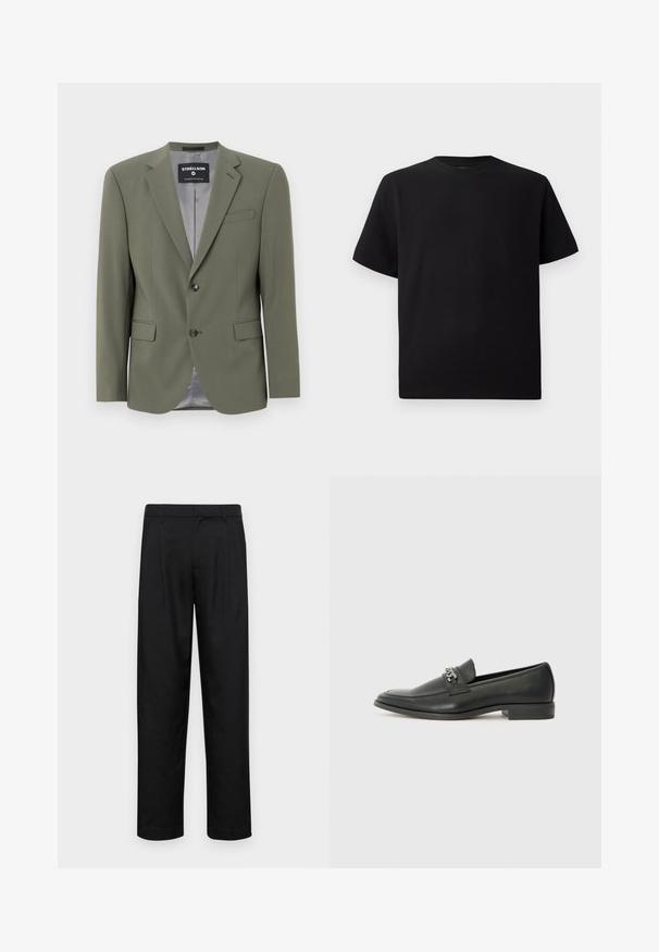 Tamsiai alyvuogių spalvos švarkas, pagamintas iš lygaus audinio, su vienu mygtuku, notch tipo šoninėmis apykaklėmis ir dviem priekinėmis kišenėmis. Vidinė pamušalo spalva – pilka.; Juodas trumpomis rankovėmis marškinėliai, pagaminti iš tekstūruotos medžiagos, su apvaliu iškirpimu ir laisvu siluetu. Paprasti, be raštų ar akcentų.; Juodi kelnių modeliai, pagaminti iš lygios medžiagos, turi tiesią kojas, du priekiniai klostės ir standartinę juosmenį su diržo kilpomis.; Juodos odinės loafer tipo bateliai su lygiu paviršiumi, turintys siuvinėtą dizainą ir dekoratyvų metalo grandinėlės akcentą ant batų viršaus. Plokščias kulnas.