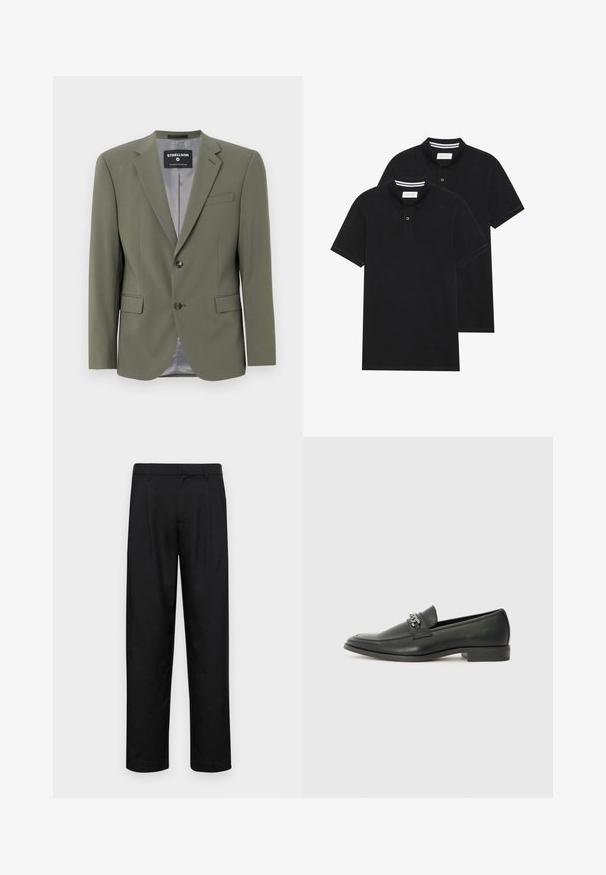 Zielona oliwkowa marynarka uszyta z gładkiego materiału, z pojedynczym zapięciem na guzik, klapami oraz dwiema przednimi kieszeniami. Podszewka jest szara.; Dwie czarne koszulki polo z krótkim rękawem, wykonane z materiału bawełnianego, z klasycznym kołnierzykiem, z zapięciem na dwa guziki oraz białymi paskami wewnątrz kołnierza.; Czarne spodnie wykonane z gładkiego materiału, z prostą nogawką, dwoma fałdami z przodu oraz standardowym paskiem z wypustkami na pasek.; Czarne skórzane mokasyny o gładkim wykończeniu, z haftowanym wzorem i dekoracyjnym akcentem z metalowego łańcucha na wierzchu. Płaska pięta.