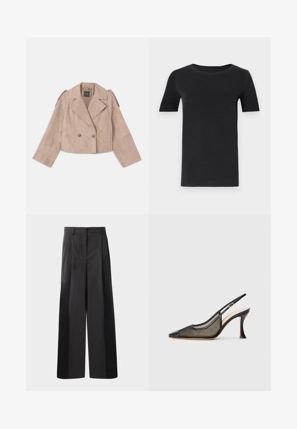 Kratka dvoredna jakna iz bež zamšaste kože, s širokimi reverji, dvema sivima gumboma in epauleti na rameni. Rokavi so širokega kroja.; Črna kratka majica s kratkimi rokavi, izdelana iz mehkega bombaža, z okroglo ovratnico in klasičnim krojem. Gladka tekstura, brez vzorcev ali okraskov.; Črne široke hlače z visokim pasom, z oblikovanimi pregibi spredaj, gladko teksturo in natančno dodelavo. Oblikovane za sproščen fit.; Črne slingback visoke petke z ostrim nosom, mrežastim detajlom in gladkim usnjenim pokrovom. Barve vključujejo črne in bež poudarke.