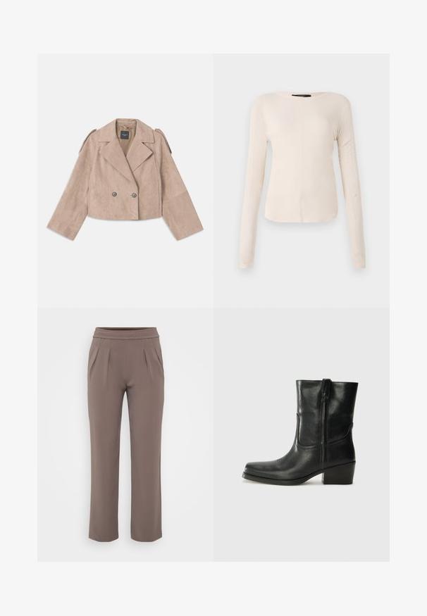 In geknipte beige suède dubbelgeknoopte jas, met brede revers, twee grijze knopen en schouderepauletten. Mouwen zijn wijd gesneden.; Langsleeve, lichtbeige top met een ronde halslijn. Gemaakt van zachte stof, heeft een centrale naad en een iets gebogen rand. Geen zichtbare hardware.; Taupe losvallende broek met elastische tailleband en voorplooien, gemaakt van zachte stof.; Zwarte leren enkellaars met een ronde neus, blokhak, zijrits en stikselaccenten op de wreef. Gladde textuur, klassiek ontwerp.