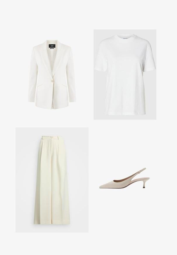 Bílý blejzr vyrobený z hladké tkaniny, s jednobotonovým zapínáním, špičatými klopami a dvěma předními kapsami. Přiléhavý střih se strukturovaným designem.; Bílá bavlněná tričko s krátkým rukávem a kulatým výstřihem. Má uvolněný střih a minimalistický design bez vzorů nebo akcentů.; Široké nohavice v barvě slonové kosti, s vysokým pasem, dvojitými sklady a zapínáním na knoflík. Hladká textura a pohodlný střih.; Béžové lodičky na podpatku s špičatou špičkou a nízkým rozšířeným podpatkem. Vyrobené z hladké kůže s minimalistickým designem a nastavitelným páskem.