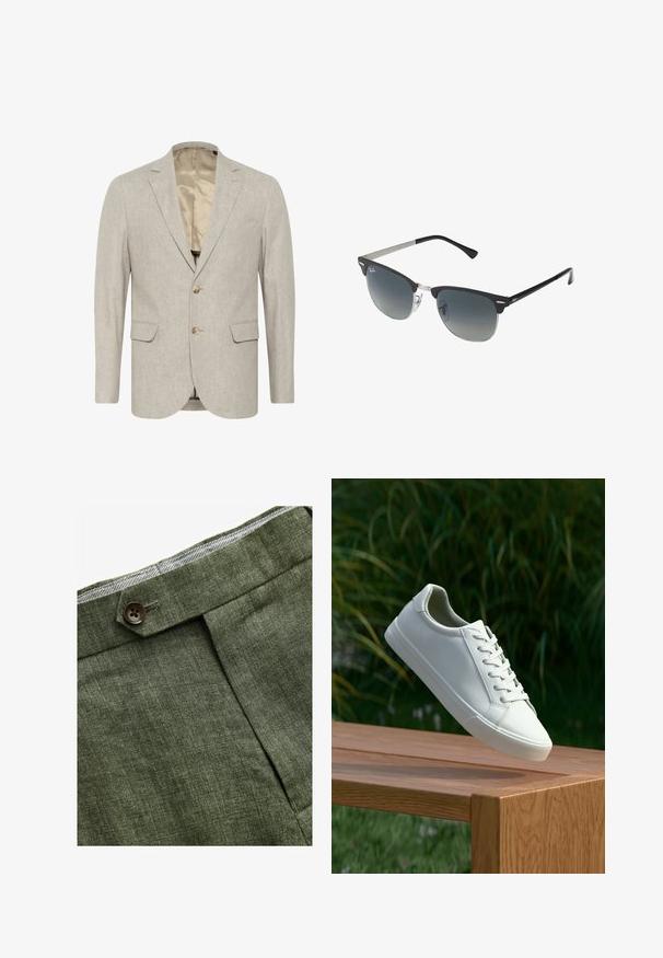 Blazer grigio chiaro realizzato in tessuto testurizzato, dotato di chiusura a due bottoni, rever a punta e due tasche frontali. Interno foderato.; Camicia azzurra a maniche lunghe con colletto classico, orlo dritto e una trama sottile. Presenta una chiusura centrale con bottoni.; Pantaloni in lino verde oliva con piega frontale, dotati di chiusura con bottone e una fodera a quadretti a contrasto nella cintura.; Sneaker bianco con lacci sospeso sopra una panchina di legno, con fogliame verde sullo sfondo, che mette in mostra il design e la texture della scarpa.; Occhiali da sole neri e argento con forma a occhio di gatto, lenti sfumate e dettagli metallici sulla montatura. Aste in plastica con punte grigie.