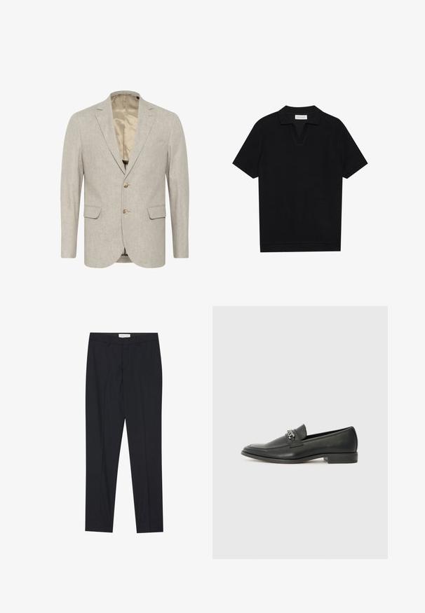 Heledhall hallhalli, mis on valmistatud tekstureeritud kangast, millel on kahevõtmeklõps, sälgpaat ja kaks esist taskut. Vooderdatud sisemus.; Must päikesepolo särk mustas värvitoonis, valmistatud tekstuurses ribakangas, millel on V-kaelus ja sirge äär. Ilma nähtavate logode või mustriteta.; Mustad kohandatud püksid lamedate esipooltega, tavaline lõige, valmistatud sileda kangaga, sisaldavad pressitud voldid ja küljetaskud.; Must haveate nahkking punased, millel on sile viimistlus, tikitud muster ja dekoratiivne metallkett vampi üle. Tasane konts.