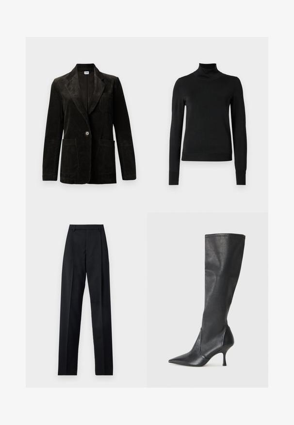 Črn kordura blazer z izrezanim ovratnikom, enojnim gumbom, žepom na prsih in dvema sprednjima žepoma. Teksturirana tkanina z navpičnimi črtami.; Črni pulover s dolgimi rokavi in vratnikom, z rebrastimi манжетами in robom, prikazan na enobarvni beli podlagi.; Črne hlače iz gladkega materiala, ki imajo visok pas, široke noge, sprednje nabore in klasične zanke za pas. Nevidni stranski žepi.; Črne usnjene škornje do kolen s koničastim nosom in ozkim stiletto peto. Gladka tekstura z oblikovanim dizajnom in šivi na zgornjem robu.