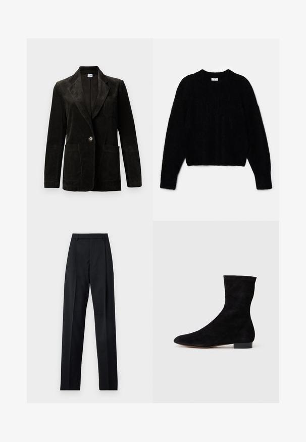 Mustard värvi korduroy jakk, millel on nurgeline krae, ühe nööbiga kinnitatud, rinna-tasku ja kaks eesmist taskut. Tekstuuritud kangas, millel on vertikaalsed triibud.; Must beebi, mis on tehtud karvase materjali jaoks. Omab ümarat kaelust ja pikki varrukaid, millel on pehme tekstuur. Minimalistlik disain, ilma mustriteta.; Mustad püksid siledast kangast, millel on kõrge vöökoht, laiad jalad, esimesed kortsud ja klassikalised vööloopid. Küljepockets pole nähtavad.; Musthave mustan nahast pahkluu saabas, millel on kitsas vars, terav nina ja madal plokk-konts. Pehme tekstuur ja minimalistlik disain, sobib mitmekesiseks stiliseerimiseks.