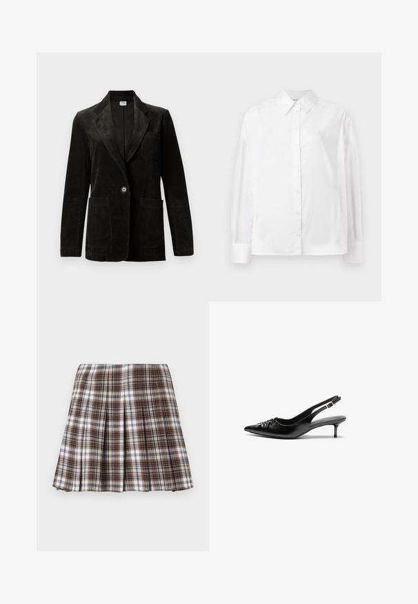 Sort fløjl blazer med udskåret klap, enkelt knaplukning, brystlomme og to forbinder lommer. Tekstiler med lodrette striber.; Hvid langærmet skjorte med knapper i en blød bomuldsblanding. Har en klassisk krave, frontlukning med knapper og rundede manchetter.; Brun og hvid ternet plisseret nederdel med en struktureret design og sprød tekstur, der har høj talje og flere lodrette folder.; Sorte læderslippers med spidse tæer, lille kitten hæl og en dekorativ knude detalje foran. Glat tekstur hele vejen rundt.