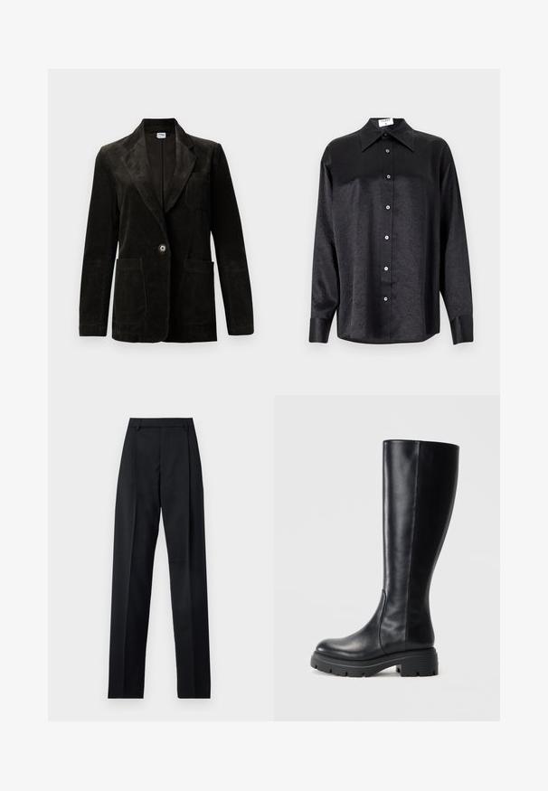 Čierny kordurový blazer s klopovým golierom, jedným gombíkom, náprsnom vreckom a dvoma prednými vreckami. Textúrovaná tkanina s vertikálnymi pruhmi.; Čierna košeľa s dlhým rukávom a golierom, s pokrčenou textúrou, plne gombíkovou prednou časťou a manžetami. Vyrobená z hladkého materiálu.; Čierne nohavice vyrobené z hladkej látky s vysokým pásom, širokými nohavicami, prednými záhybmi a klasickými pútkami na opasok. Žiadne bočné vrecká nie sú viditeľné.; Čierne čižmy po kolená vyrobené z hladkej kože, s okrúhlou špicou a robustnou gumovou podrážkou so vzorom na behúni pre lepšiu trakciu.