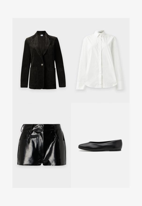 Mustan samettitakin, jossa on kaarevat läpät, yksittäinen nappisuljenta, rintatasku ja kaksi etutaskua. Hieno kangas, jossa on pystysuorat raidat.; Valkoinen puuvillainen pitkähihaisessa paidassa on terävä kaulus, napitus edessä ja pyöristetty helma. Sujuva tekstuuri, normaali istuvuus ja ei kuvioita.; Lyhyet mustat kiiltävät shortsit, jotka on valmistettu synteettisestä materiaalista. Niissä on hyvä istuvuus vyötäröllä, vyölenkit ja etutaskut, joissa on näkyvät ompeluyksityiskohdat.; Paul Smith TOPANGA - Ballerinat - black