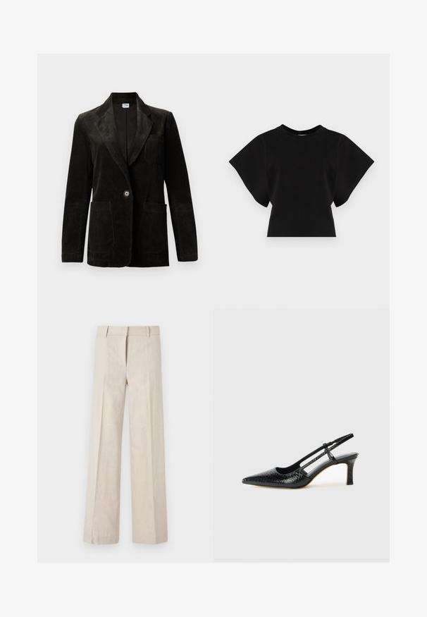 Melnās kordūras žaketes ar iegrieztu piegriezumu, vienu pogu aizdari, krūšu kabatu un divām priekšējām kabatām. Strukturēts audums ar vertikālām svītrām.; Melnā īsā T-kreklu, kas izgatavots no kokvilnas, ar īsām, platām piedurknēm un apaļu kakla izgriezumu, ar gludu tekstūru un minimālistisku dizainu.; Gaišbeige platās kājstarpes bikses no viegla auduma, ar gludu faktūru un tīrām priekšējām krokojumām. Jostasvieta ir šūta ar jostu cilpām.; Melna patent āda ar slīdošo papēdi un smailo purngalu, ar teksturētu čūsku drukājumu, regulējamu siksniņu un īsu teksturētu blokpapēdi.