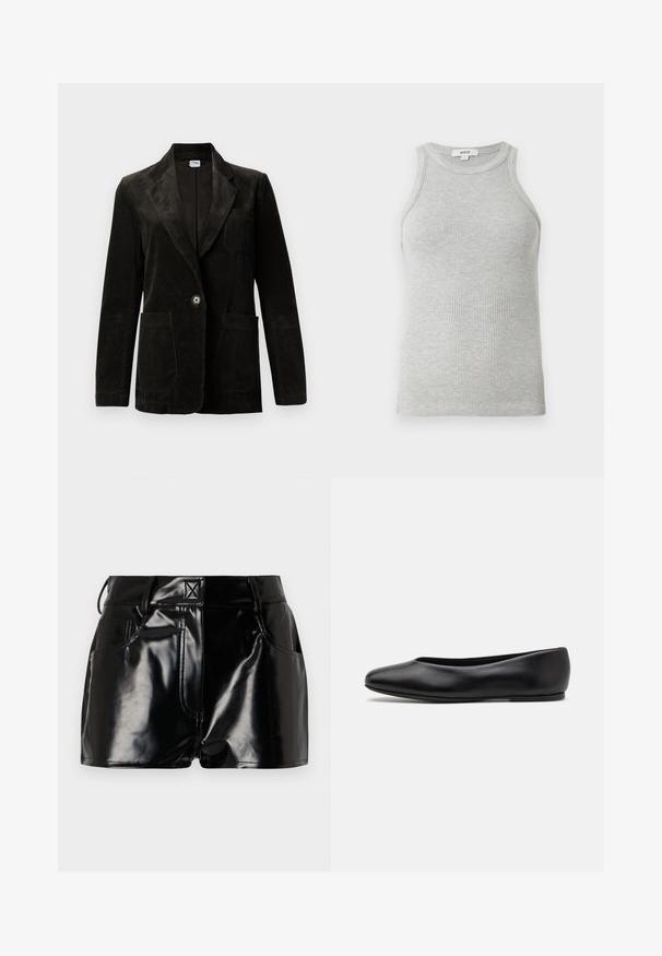 Czarna marynarka z korduroju z klapami, z pojedynczym zapięciem na guzik, kieszenią na piersi i dwiema przednimi kieszeniami. Teksturowany materiał z pionowymi paskami.; Szary prążkowany T-shirt na ramiączkach o dopasowanym kroju, z szerokimi wycięciami na ramionach i okrągłym dekoltem. Wykonany z miękkiej bawełnianej tkaniny o gładkiej fakturze.; Czarne, błyszczące spodenki wykonane z materiału syntetycznego. Posiadają dopasowaną talię, szlufki na pasek oraz przednie kieszenie z wyraźnymi detalami stębnowania.; Paul Smith TOPANGA czarny