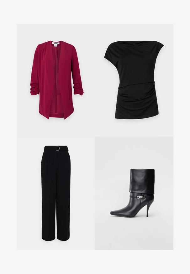 Jachetă bordeaux cu deschidere în față, mâneci până la trei sferturi, textură netedă, două buzunare laterale și pliseuri subtile pe umeri.; Top negru cu mânecă scurtă, cu decolteu drapat, textură moale, detalii pliate la talie și o siluetă relaxată.; Pantaloni negri, ajustați, cu o siluetă largă, având un brâu cu o cataramă argintie, pliuri și o textură de țesătură netedă.; Botine negre din piele, cu vârf ascuțit, toc înalt și subțire, cu manșetă pliată și un detaliu decorativ cu cataramă aurie la gleznă.