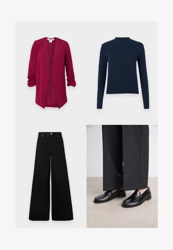 Giacca bordeaux aperta sul davanti con maniche a tre quarti, texture liscia, due tasche laterali e pieghe sottili sulle spalle.; Maglione a maniche lunghe blu navy con colletto a dolcevita, texture a coste, caratterizzato da un piccolo logo sul petto, con un design aderente e scollatura rotonda.; Jeans neri a gamba larga in denim, con vita alta, due tasche frontali e dettagli in metallo dorato in vita.; Mocassini in pelle nera con una finitura liscia, dettagli cuciti attorno alla punta e suola in gomma bassa. Abbinati a pantaloni neri larghi.
