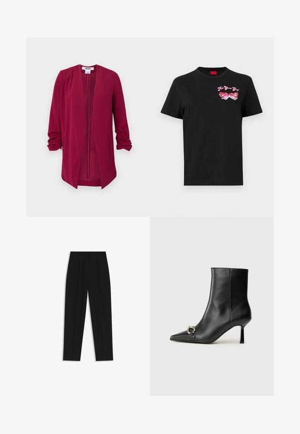 Bordeaux open-front jasje met driekwartmouwen, zachte textuur, twee zijzakken en subtiele plooien op de schouders.; Zwarte katoenen t-shirt met korte mouwen, featuring een roze grafiek van een zonnebril en de tekst "Not Your Girl" op de linkerborst.; Zwarte broeken met een rechte pasvorm, voorzien van dubbele plooien, een zachte textuur en een klassiek taillebandontwerp. Geen zichtbare hardware of accenten.; Zwarte leren enkelboot met spitse neus, slanke middenhoge hak en zilveren gespdetail aan de zijkant op een effen achtergrond.