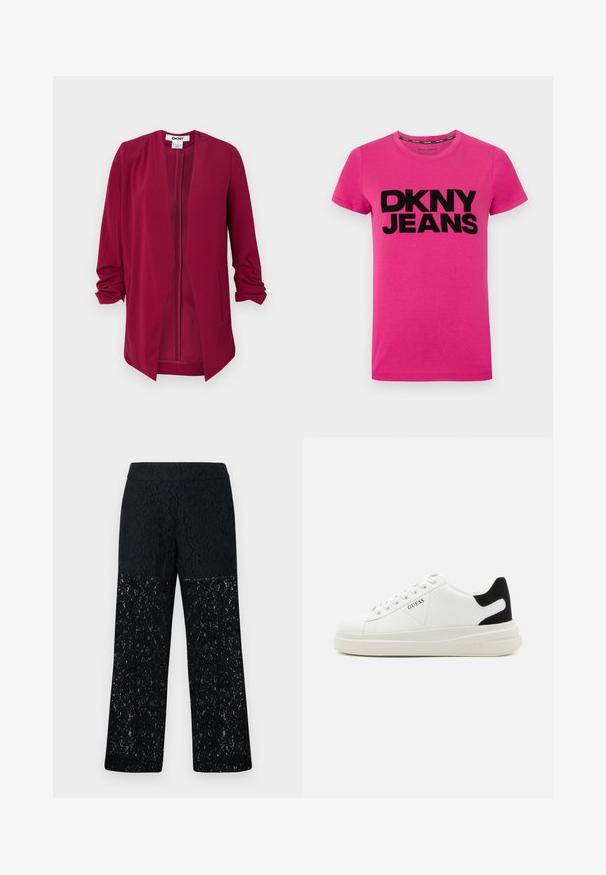 Giacca bordeaux aperta sul davanti con maniche a tre quarti, texture liscia, due tasche laterali e pieghe sottili sulle spalle.; T-shirt rosa a maniche corte in cotone, con un audace logo nero "DKNY JEANS" sulla parte anteriore. Collo rotondo semplice e texture morbida.; Pantaloni in pizzo nero con design a gamba larga. Presenta motivi floreali intricati sulla parte inferiore semi-trasparente, cintura liscia.; Sneaker bianchi in pelle con suola spessa bianca, accento in suede nero sul tallone e logo impresso sul lato. Design con lacci e sei fori per i lacci.
