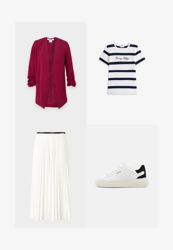 Veste bordeaux à l'avant ouvert avec des manches trois-quarts, texture lisse, deux poches latérales et plis subtils au niveau des épaules.; T-shirt en coton avec des rayures horizontales bleu marine sur un fond blanc. "Tommy Hilfiger" brodé en écriture cursive sur la poitrine. Encolure ras du cou.; Jupe plissée blanche avec une taille élastique noire portant le logo "LACOSTE". Design mi-long avec une texture douce.; Baskets en cuir blanc avec une épaisse semelle blanche, un accent en daim noir au niveau du talon et un logo embossé sur le côté. Design à lacets avec six œillets.