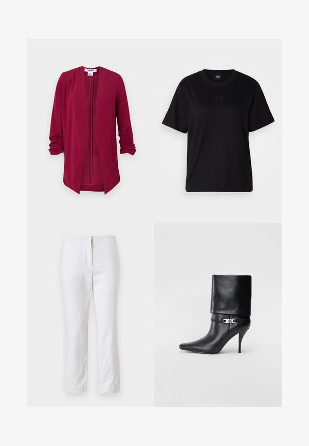 Burgundijas atvērta jaciņa ar trim ceturtdaļu piedurknēm, gluda tekstūra, divas sānu kabatas un smalkas drāzas uz pleciem.; Melna kokvilnas T-krekls ar apaļu izgriezumu, īsām piedurknēm un izšūtu logotipu uz krūtīm. Vienkāršs, brīvs piegriezums bez rakstiem.; Baltas kokvilnas bikses ar taisnu kāju dizainu, ar vidēju augstumu un bez redzamām detaļām vai rakstiem. Visā virsmā ir gluda tekstūra.; Melnas ādas potīšu zābaki ar smailu purngalu, augstu stiletto papēdi, salocītu aproci un zeltītu dekoratīvu sprādzi uz potītes.