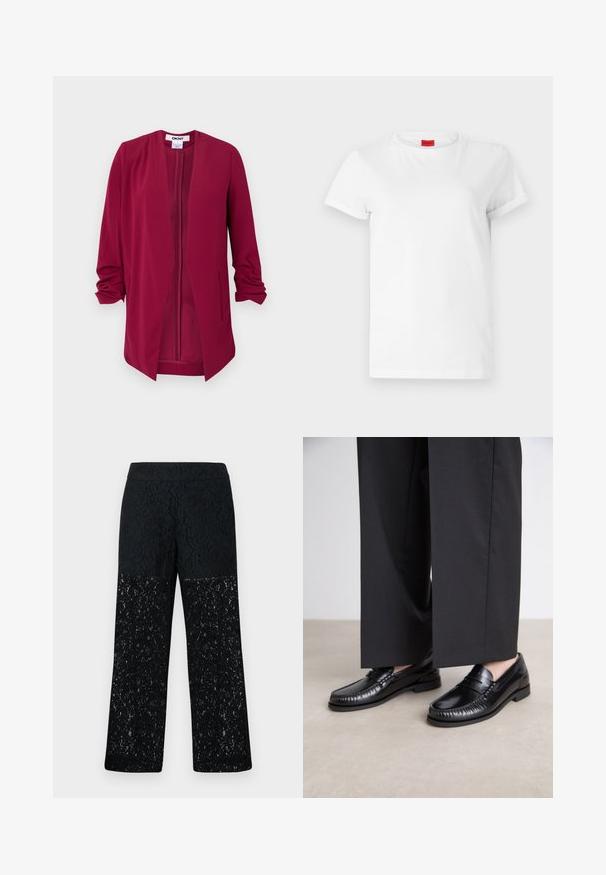 Veste bordeaux à l'avant ouvert avec des manches trois-quarts, texture lisse, deux poches latérales et plis subtils au niveau des épaules.; T-shirt blanc à manches courtes en coton léger. Présente un col rond et des manches retroussées. Étiquette logo rouge sur le col.; Pantalons en dentelle noire avec un design à jambes larges. Caractérisés par des motifs floraux complexes sur une section inférieure semi-transparente, taille lisse.; Mocassins en cuir noir avec une finition lisse, descoutures autour de l'orteil et une semelle en caoutchouc basse. Assortis à un pantalon large noir.