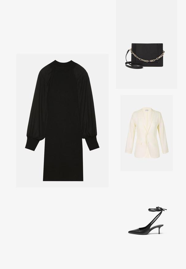 Gaiši dzeltena žakete ar izgriezumu, divām priekšējām kabatām un pogu aizdari. Izgatavota no gludas auduma ar strukturētu piegriezumu.; Melna kleita ar ribotām auduma, puffētiem piedurknēm un augstu kaklu. Siluets ir taisns un beidzas pie ceļgala.; Melnas ādas stiletto kurpes ar norādītu purngalu, atvērtu aizmuguri un potītes siksniņām, kas sasietas neglītajā mezglā. Šaurs 3 collu papēdis. Gluda tekstūra, minimālisma dizains.; Melna ādas crossbody soma ar gludu faktūru, taisnstūrveida formu un metalizētu ķēdes detaļu priekšā. Iekļauta regulējama siksna.