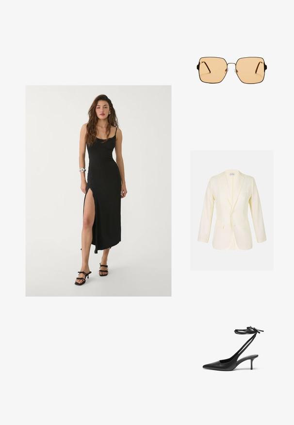 Světlý žlutý blejzr s výstřihem do V, dvěma předními kapsami a knoflíkovým zapínáním. Vyrobený z hladkého materiálu s pevnou siluetou.; Černé maxi šaty se spaghetti ramínky, bočním rozparkem, hladkým materiálem a krajkovými detaily. Nosič s černými sandály na vysokém podpatku.; Černá kožená stiletto botička s špičatou špičkou, otevřenou zadní částí a kotníkovými řemínky uvázanými do mašle. Štíhlý 3palcový podpatek. Hladká textura, minimalistický design.; Čtvercové sluneční brýle s hnědými skly a tenkým černým kovovým rámem. Mají šikmé stranice a nastavitelná nosní polštářky pro pohodlí.; Bílá strukturovaná kabelka s krátkými uchy a ramenním popruhem, zdobená zlatými kovovými prvky a texturovaným materiálem, vystavená na šedém pozadí.
